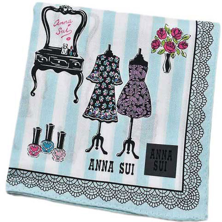アナ スイ ハンカチ レディース アナスイ ハンカチ レディース 綿 高級 ブランド ハイブランド ANNA SUI ライト ブルー × 白 ホワイト ストライプ 女性 婦人 母の日 20代 30代 40代 50代 60代 70代 プレゼント ギフト おしゃれ かわいい 大人 ホワイトデー ポイント消化