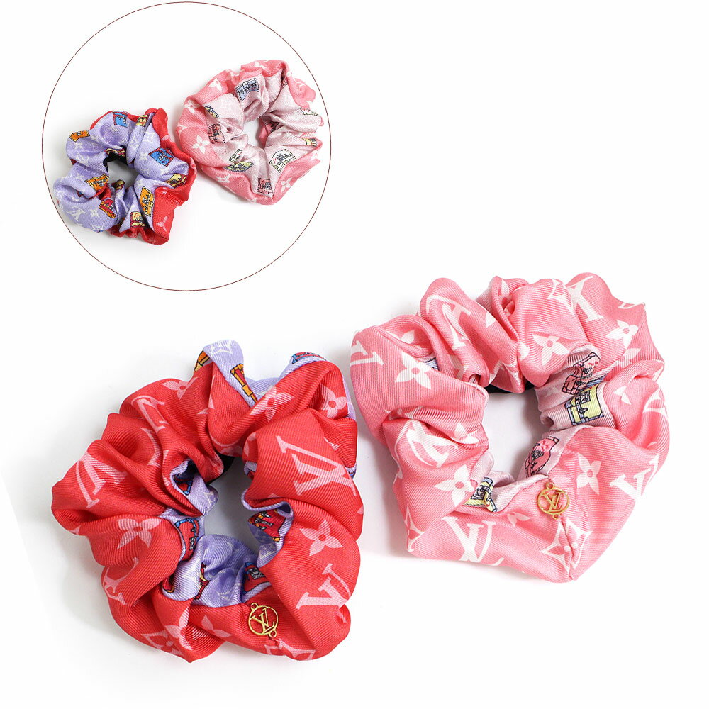 【新品・未使用品】ルイ ヴィトン LOUIS VUITTON シュシュ 2個セット ミニマル モノグラム パターン ヘアアクセサリー ヘアゴム シルク100％ ピンク パープル 紫 ゴールド金具 M77692 箱付