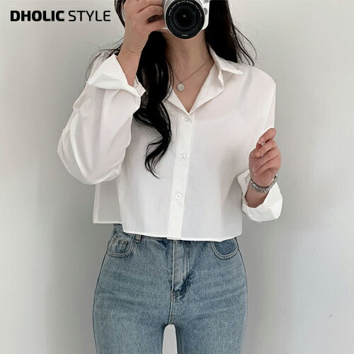 コットンクロップドシャツ・p281280 レディース 【bl】 韓国ファッション トップス シャツ カラー 襟 長袖 ボタン 前開 クロップド丈 ショート丈 ルーズ ゆったり オーバーサイズ 無地 コットン100 綿100 へそ出し ヘソ出し カジュアル 秋 春 STYLE
