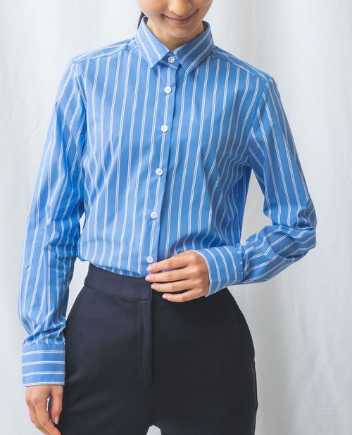 ナラカミーチェ ビジネスシャツ レディース 【50％OFF】《 W ストライプ 長袖 シャツ 》 レディース トップス ストレッチ レギュラーカラー コットン ブルー ナラ カミーチェ ナラカミ NARACAMICIE アウトレット 送料無料